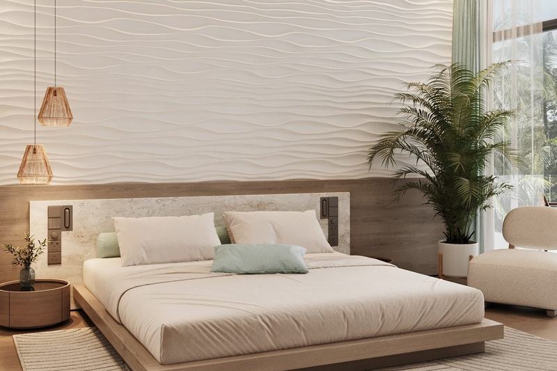Ramada Home-room: bed against a textured feature wall
