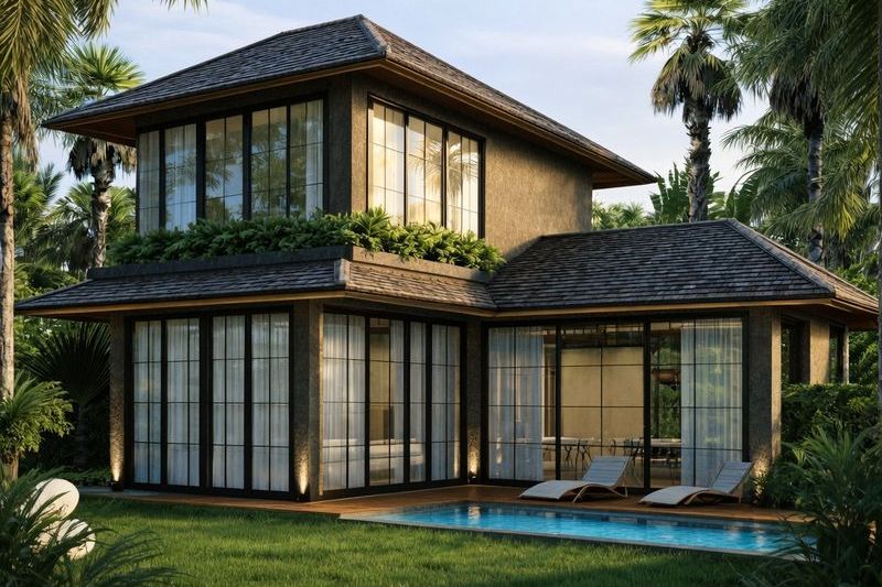 Re-Imagined Villa 2BR: front of the villa, pool and lawn