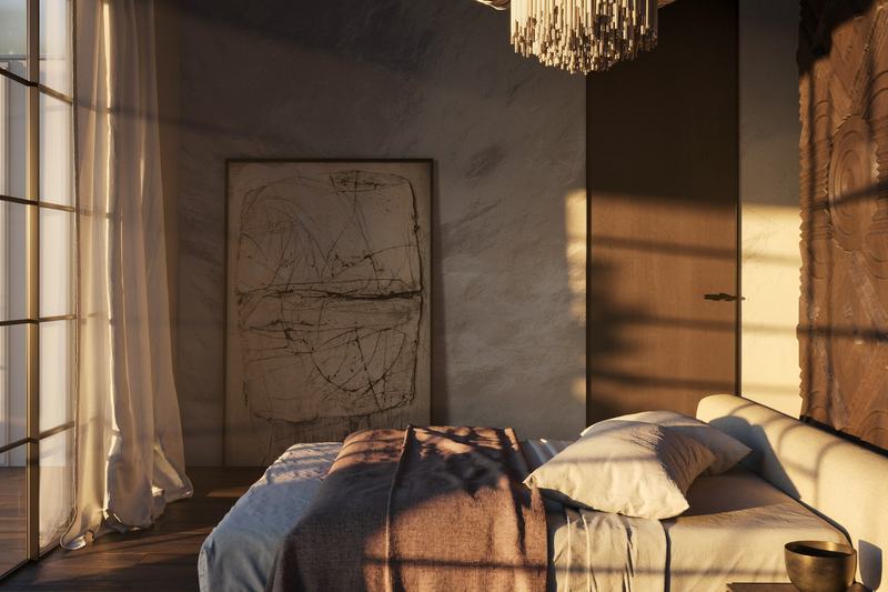 Re-Imagined Villa 2BR: render of a bedroom behind a carved panel