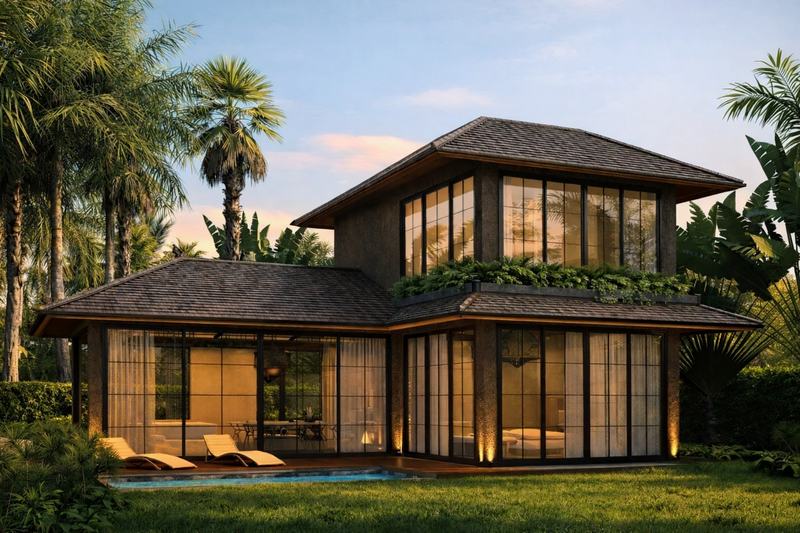 Re-Imagined Villa 2BR: sunset render of the facade and pool