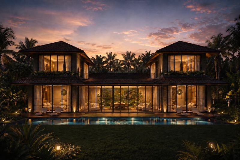 Re-Imagined Villa 4BR: evening render of the facade and pool