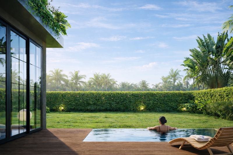 Re-Imagined Villa 4BR: render of the terrace, pool and lawn