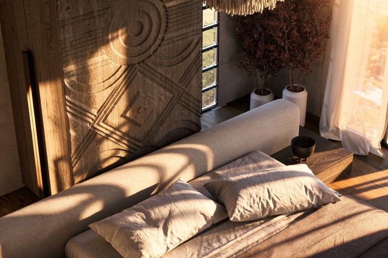 Re-Imagined Villa 4BR: render of a bedroom with a carved headboard wall