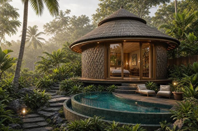 Re-Imagined Mini Villa: render of the round villa and pool in the jungle