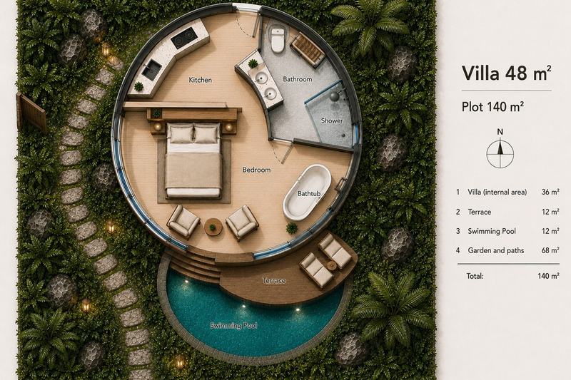 Re-Imagined Mini Villa: floor plan, 48 m² villa on a 140 m² plot