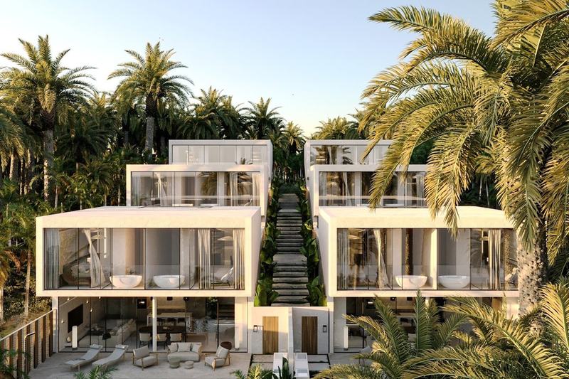 Rise Villas: the villa complex among palm trees, aerial view