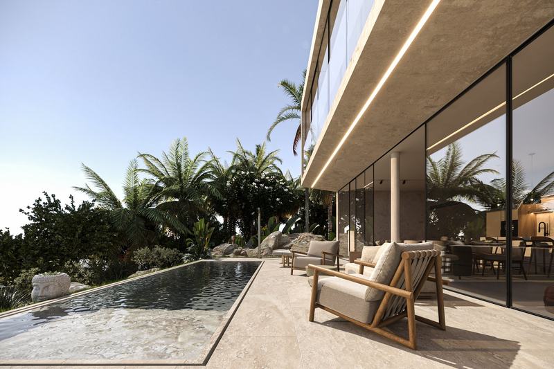 Rise Villas: pool running along the terrace with lounge chairs