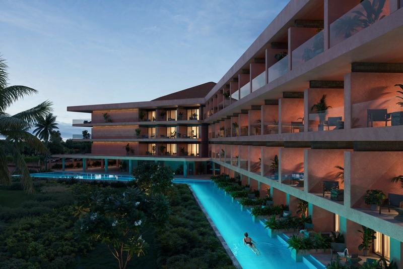 ROYA Resort: resort facade and pool at dusk, developer's render