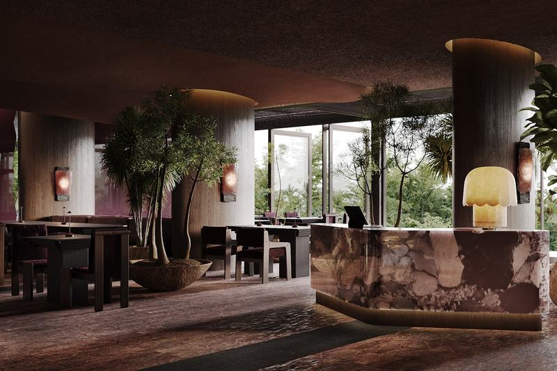 ROYA Resort: dining room and bar with a marble counter