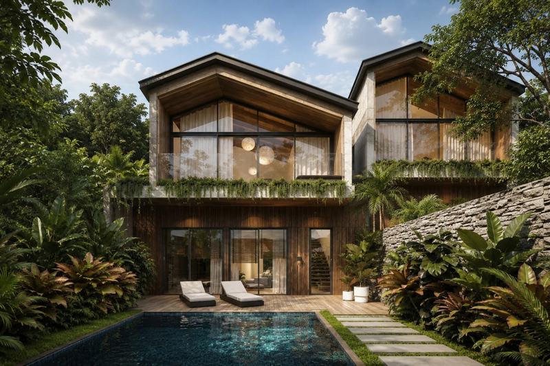 Satu Melasti Village: villa with a pool and garden in front, developer's render