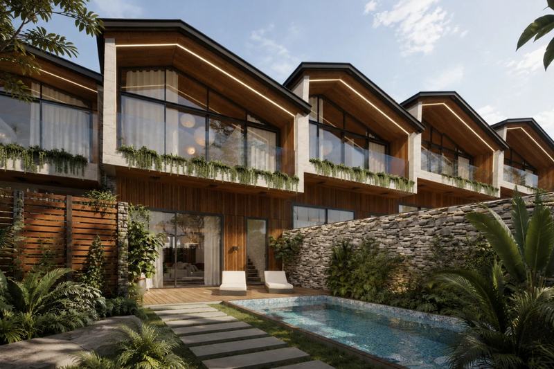 Satu Melasti Village: row of two-story villas, pool and garden path, developer's render