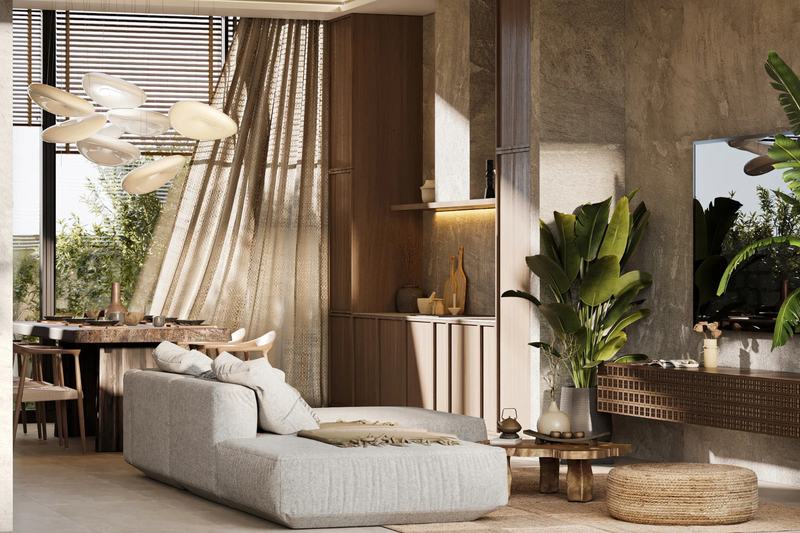 Satu Melasti Village: living room with a sofa opening to the garden, developer's render
