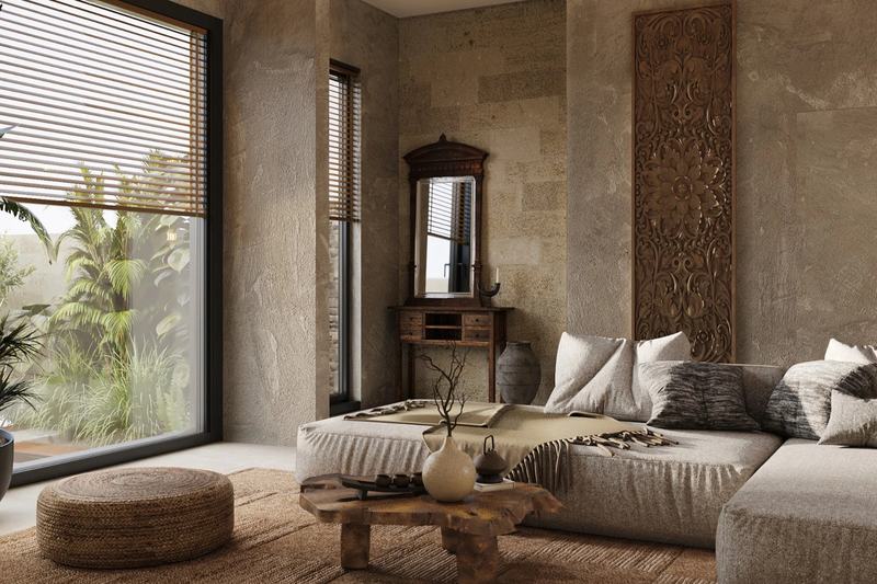 Satu Melasti Village: lounge corner by a floor-to-ceiling window, developer's render