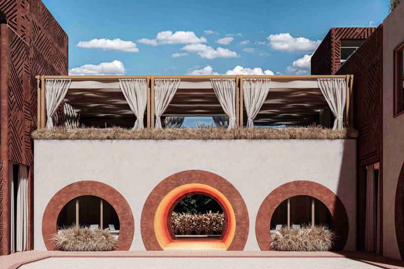 Savanna Villas: arched courtyard below an upper terrace