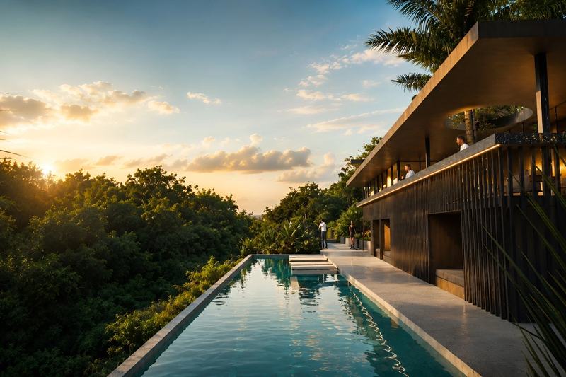 SECRET by INSHI: infinity pool along the building at sunset