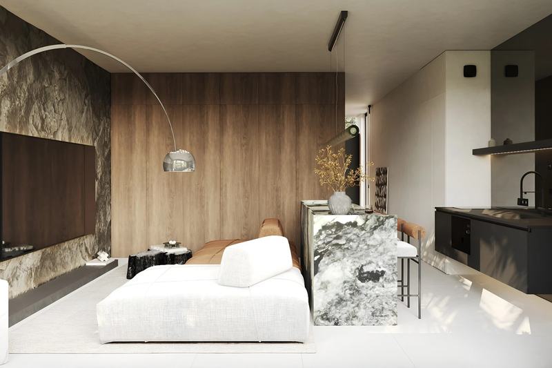 SECRET by INSHI compact 1BR: open-plan living room and kitchen