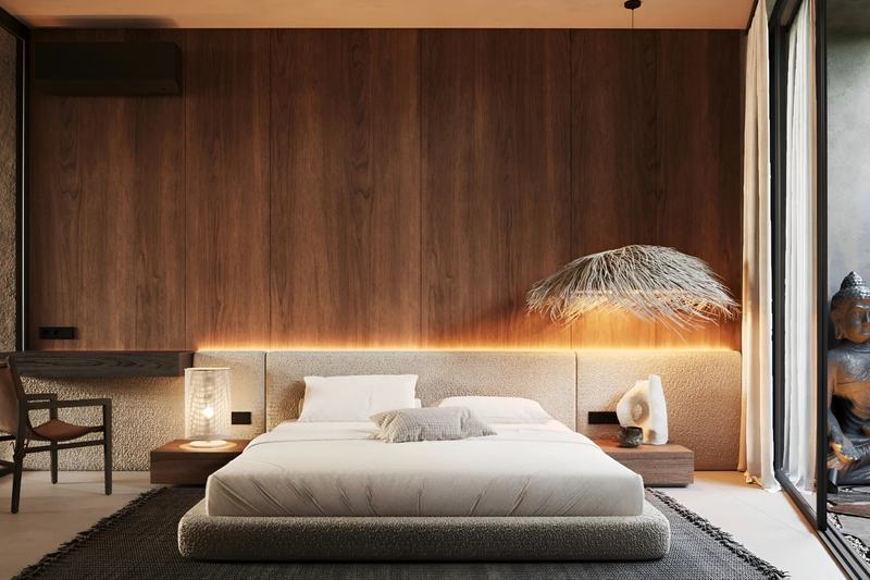 SECRET by INSHI 2BR villa: bedroom with a timber wall
