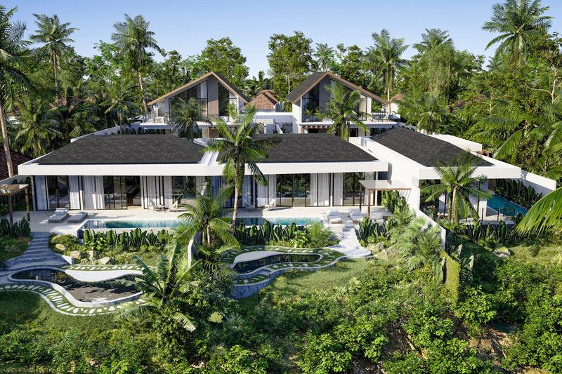 Serenity Estates: front view of the five villas among palms, render
