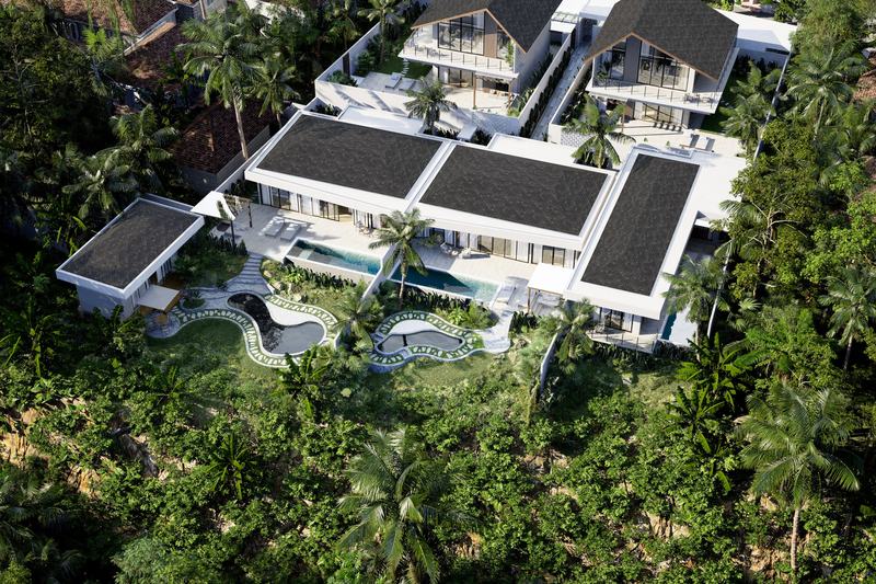 Serenity Estates: aerial view of villas and pools in the jungle, render