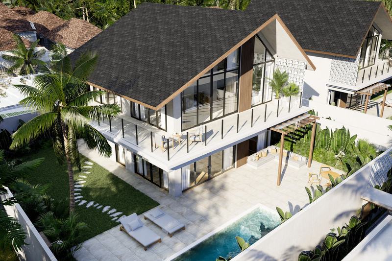 Villa B2 at Serenity Estates: glazed two-story facade, render