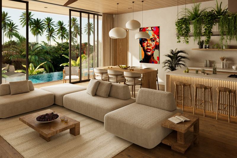 Villa B2 at Serenity Estates: living area with island kitchen by the pool, render