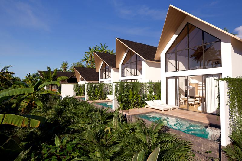 Serenity Village: row of gabled villas with pools off the terraces, render