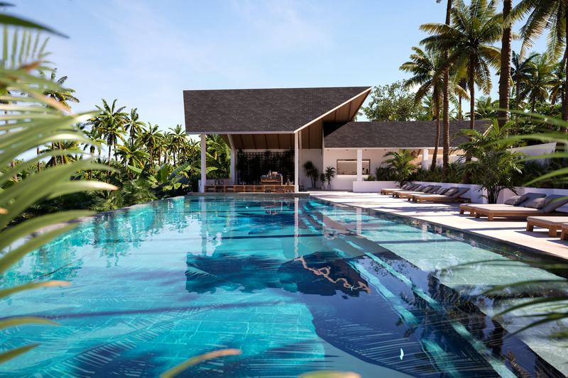 Two-bedroom villa at Serenity Village: restaurant and infinity pool loungers, render
