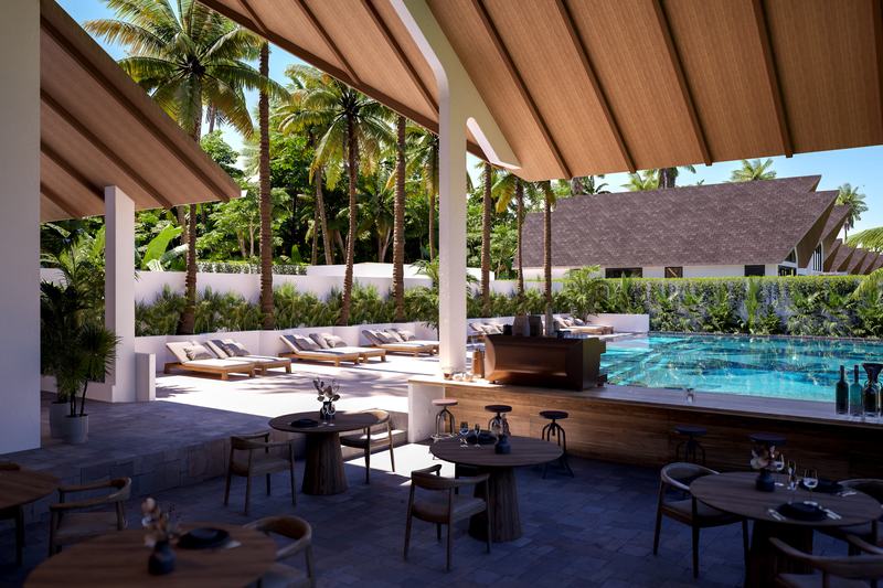 Two-bedroom villa at Serenity Village: poolside bar on the restaurant deck, render