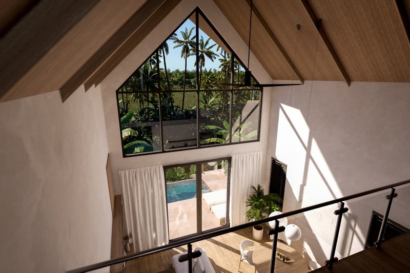 Two-bedroom villa at Serenity Village: double-height living room from the upper floor, render