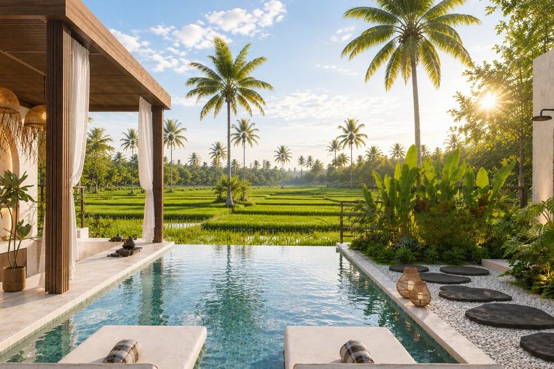 Two-bedroom villa in Seseh: pool and terrace opening to the rice fields