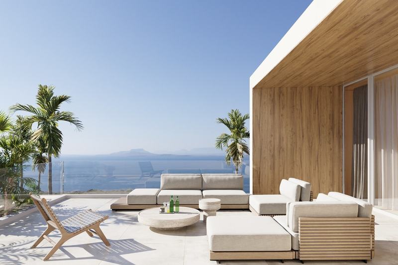 Seseh Sands corner lot: render of the entry and courtyard pool