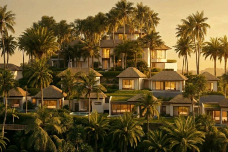 Silawana: villas on a palm-covered slope at sunset, render