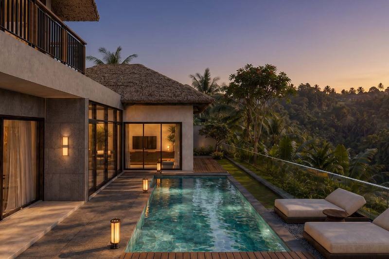 Silawana: villa terrace and pool over the river canyon, render
