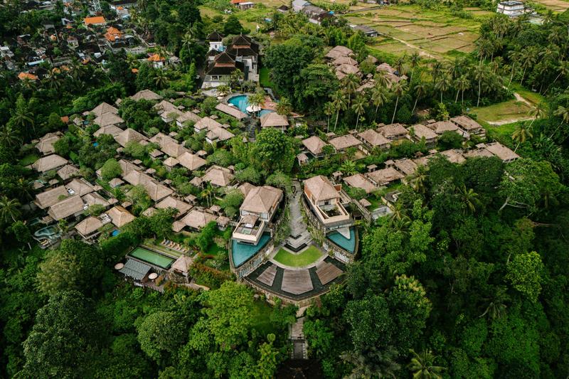 Silawana: villas stepping down between jungle and rice fields, aerial render