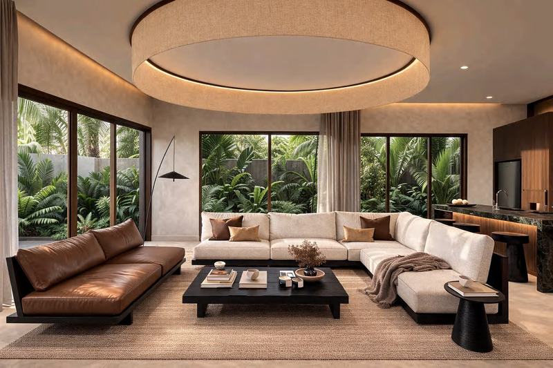 Silawana: lounge with sofas and tall windows onto the garden, render