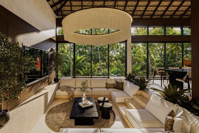 Silawana: Canyon Residence living room under a high timber ceiling, render