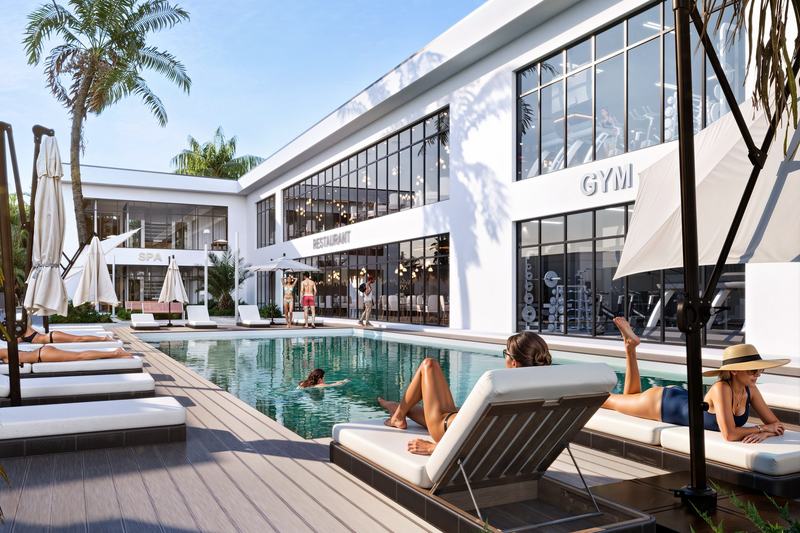 Sol 1BR 42 m²: lap pool beside the building and gym (render)