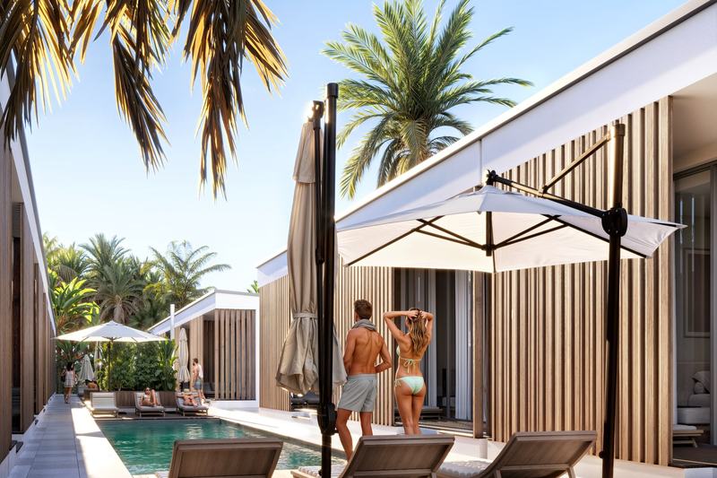 Sol 1BR 42 m²: palms and umbrellas over the pool (render)