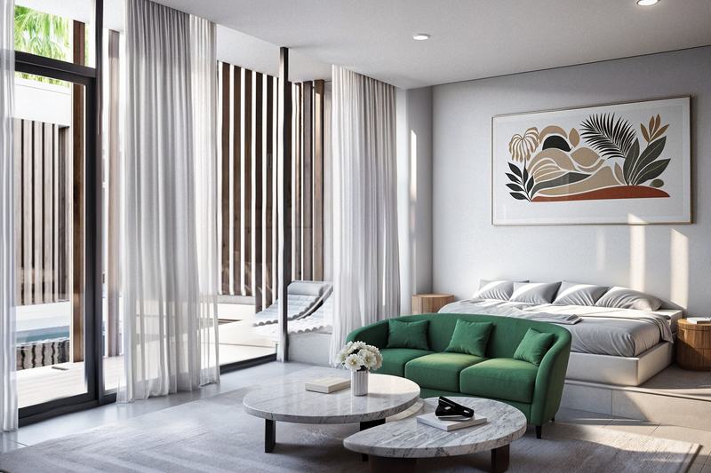 Sol 1BR 42 m²: bed and green sofa in the living area (render)