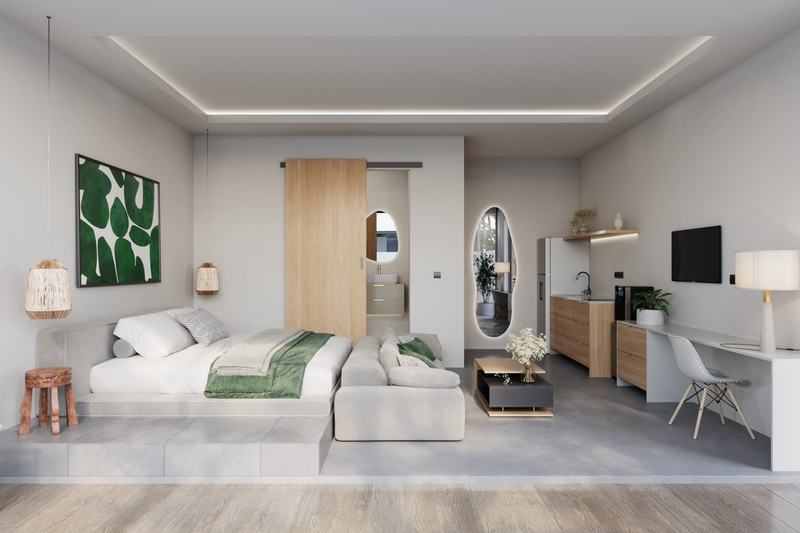 Sol 1BR 47 m²: phase-two bedroom and lounge (render)