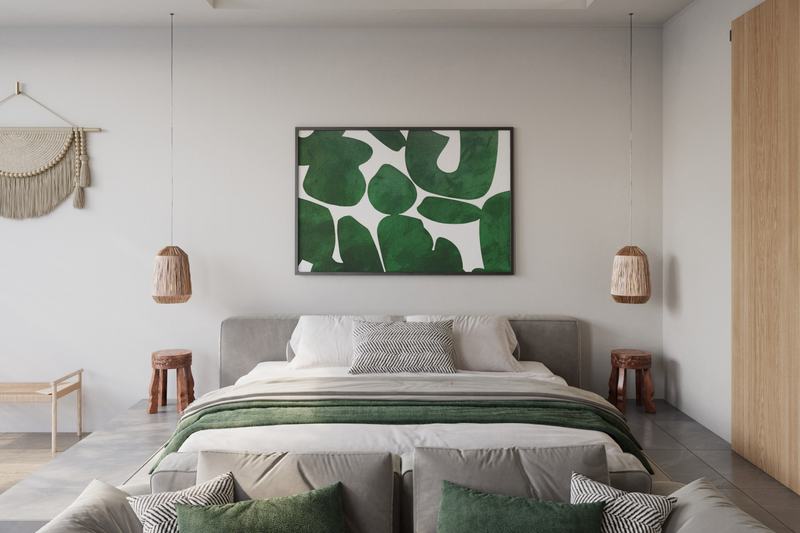 Sol 1BR 47 m²: bed with a green wall panel and rattan lamps (render)
