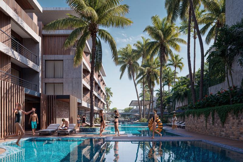 Solvyn City: shared pool between the apartment blocks (render)