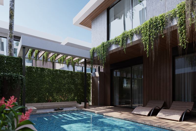 Solvyn City: villa pool with sun loungers (render)