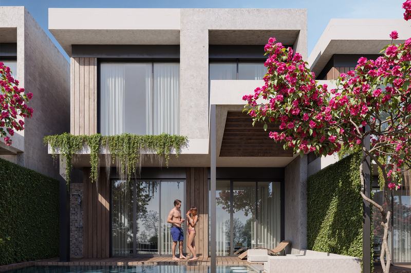 Solvyn City: facade of the 101 m² villa and its pool (render)