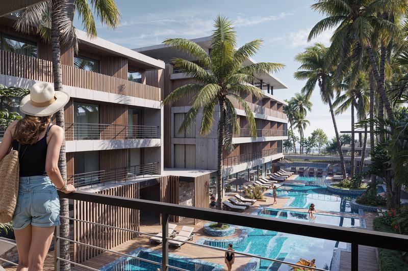 Solvyn City: pool seen from an apartment balcony (render)