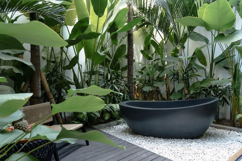 Sunny Cuddles: villa courtyard with a stone bathtub among tropical plants, developer photo