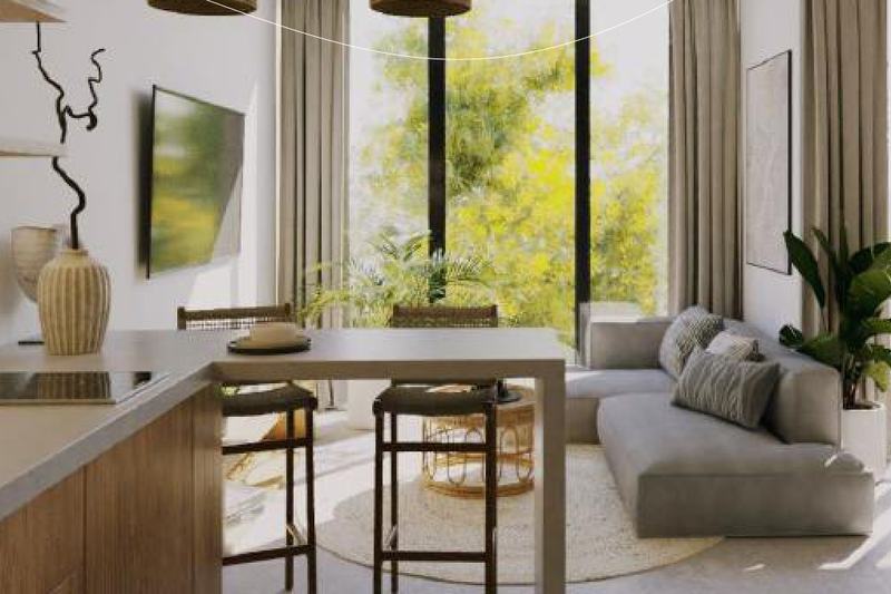 Sunny Muse: studio lounge with a kitchen island, developer render