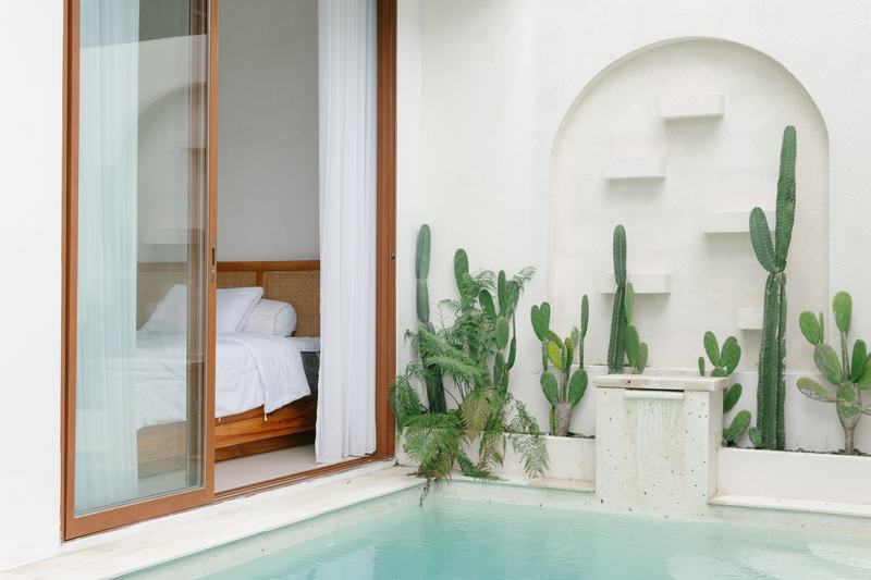 Sunset Village: pool beside a bedroom and a wall with cacti and a fountain, developer photo