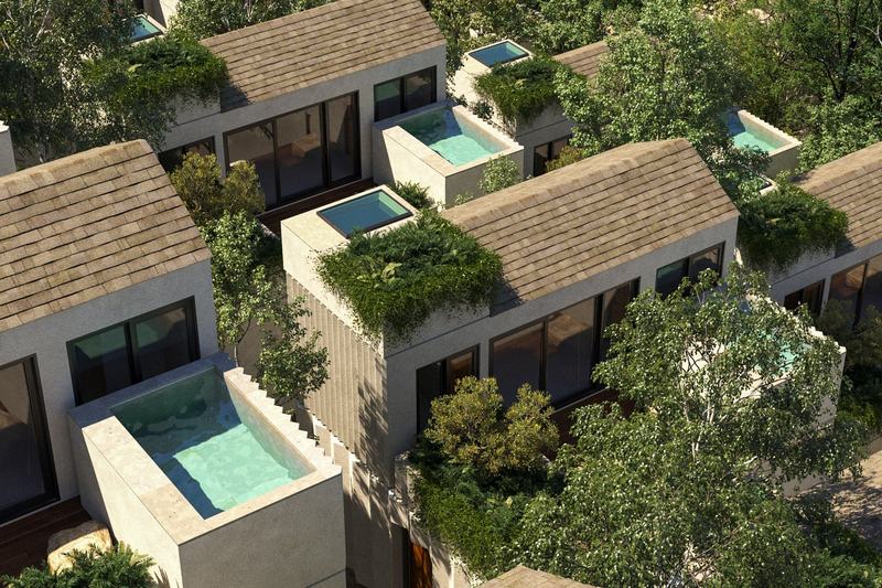 Tamora Axis: aerial view of villas and their pools