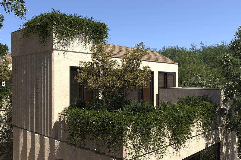 Three-bedroom villa at Tamora Axis: facade with a planted roof